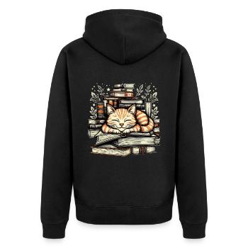 COZY CAT TAKING A NAP ON BOOKS - Unisex Premium Organic Zip Hoodie - black - Back - Nico (187cm)