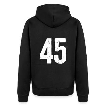 45 Zahlen Weiß - Unisex Premium Bio Zip Hoodie - Schwarz - Hinten - Nico (187cm)