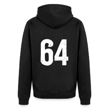 64 Zahlen Weiß - Unisex Premium Bio Zip Hoodie - Schwarz - Hinten - Nico (187cm)