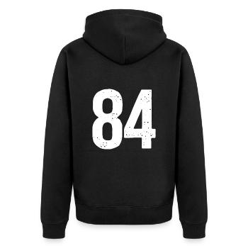 84 Zahlen Weiß - Unisex Premium Bio Zip Hoodie - Schwarz - Hinten - Nico (187cm)