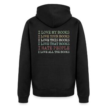 J'aime mes livres Vos livres Ces livres que mes livres - Veste à capuche bio Premium Unisexe - noir - Dos - Nico (187cm)