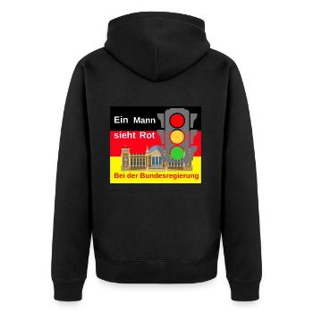 Ein Mann sieht Rot bei der Bundesregierung - Unisex Premium Bio Zip Hoodie - Schwarz - Hinten - Nico (187cm)