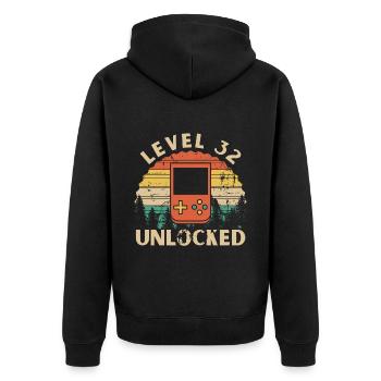 Level 32 Unlocked - Unisex Premium Organic Zip Hoodie - black - Back - Nico (187cm)