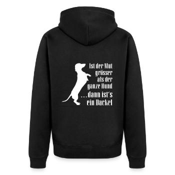 Mutiger Dackel Dackelsilhouette und Spruch - Unisex Premium Bio Zip Hoodie - Schwarz - Hinten - Nico (187cm)