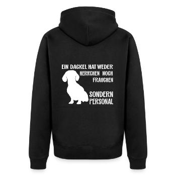 Ein Dackel hat Personal - lustiger Dackelspruch - Unisex Premium Bio Zip Hoodie - Schwarz - Hinten - Nico (187cm)