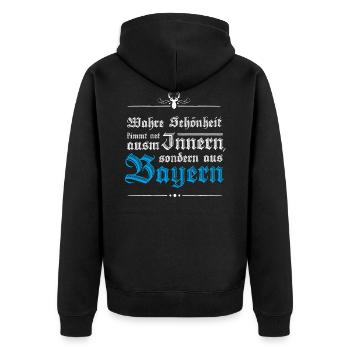 Wahre Schoenheit kimmt aus Bayern! Bayrisch lustig - Unisex Premium Bio Zip Hoodie - Schwarz - Hinten - Nico (187cm)