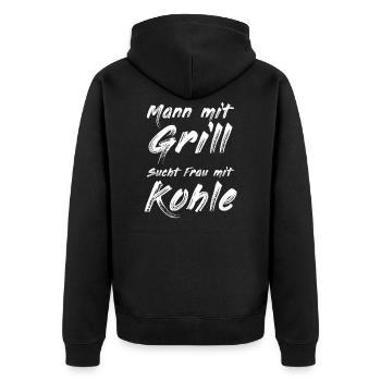 Mann mit Grill sucht - Unisex Premium Bio Zip Hoodie - Schwarz - Hinten - Nico (187cm)
