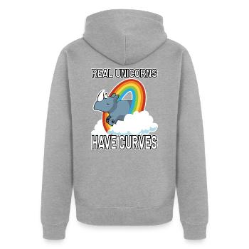 Wahre Einhörner haben Kurven - Unisex Premium Bio Zip Hoodie - Grau meliert - Hinten - Nico (187cm)