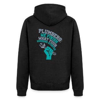 Funny plumber motive with saying in english - Unisex Premium Organic Zip Hoodie - black - Back - Nico (187cm)