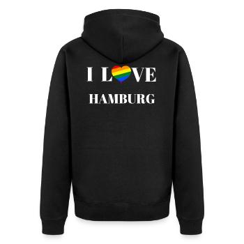 Hamburg - Geschenkidee - Unisex Premium Bio Zip Hoodie - Schwarz - Hinten - Nico (187cm)