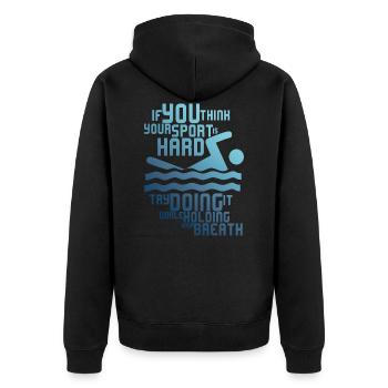 COOLES SCHWIMMER MOTIV MIT LUSTIGEM SPRUCH - Unisex Premium Bio Zip Hoodie - Schwarz - Hinten - Nico (187cm)