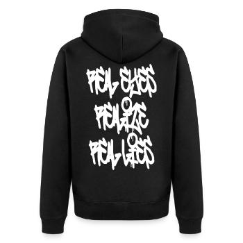 Real Eyes. Realize. Real Lies. - Lebensweisheit - Unisex Premium Bio Zip Hoodie - Schwarz - Hinten - Nico (187cm)