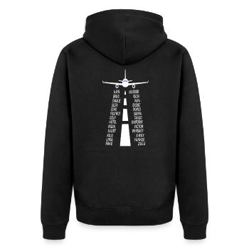Pilotenalphabet Flugzeug - Unisex Premium Bio Zip Hoodie - Schwarz - Hinten - Nico (187cm)