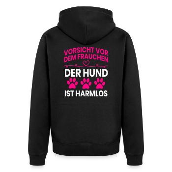 Vorsicht vor dem Frauchen - Unisex Premium Bio Zip Hoodie - Schwarz - Hinten - Nico (187cm)