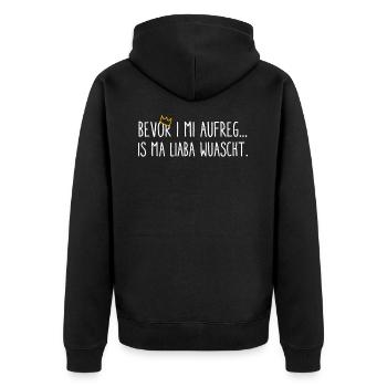 Bevor i mi aufreg, is ma liaba wuascht - dialekt - Unisex Premium Bio Zip Hoodie - Schwarz - Hinten - Nico (187cm)