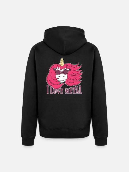 Cadeau de métaler de métal lourd de Licorne j'aime le métal - Veste à capuche bio Premium Unisexe - noir