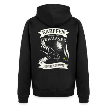 Karpfen unser im Gewässer, dein biss komme - Unisex Premium Bio Zip Hoodie - Schwarz - Hinten - Nico (187cm)