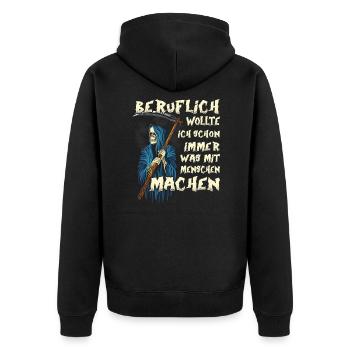 Beruflich wollte ich was mit Menschen Sensenmann - Unisex Premium Bio Zip Hoodie - Schwarz - Hinten - Nico (187cm)