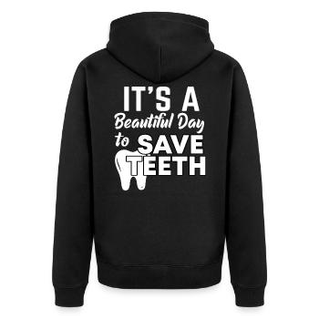 Zahnarzt lustiger Spruch - Unisex Premium Bio Zip Hoodie - Schwarz - Hinten - Nico (187cm)