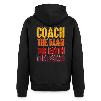 COACH - THE MAN THE MYTH THE LEGEND - Unisex Premium Bio Zip Hoodie - Schwarz - Hinten - Nico (187cm)