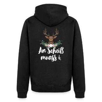 An Scheiß muass i Bayrisch Mundart Dialekt Damen - Unisex Premium Bio Zip Hoodie - Schwarz - Hinten - Nico (187cm)