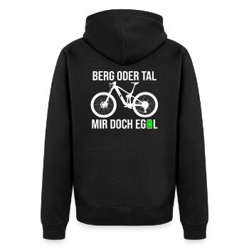 Berg oder Tal Mir Doch Egal E-bike Elektrofahrrad - Unisex Premium Bio Zip Hoodie - Schwarz - Hinten - Nico (187cm)