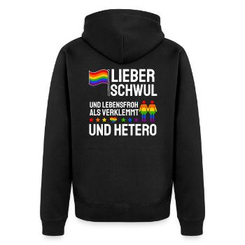 Lieber Schwul Und Lebensfroh Als Verklemmt Hetero - Unisex Premium Bio Zip Hoodie - Schwarz - Hinten - Nico (187cm)
