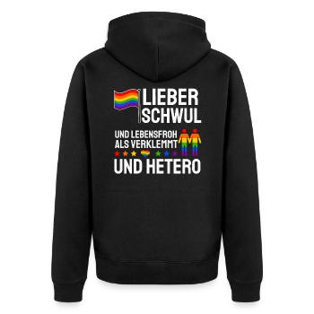 Lieber Schwul Und Lebensfroh Als Verklemmt Hetero - Unisex Premium Bio Zip Hoodie - Schwarz - Hinten - Nico (187cm)