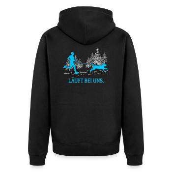 Läuft bei uns Canicross Hundesport Laufen Männer - Unisex Premium Bio Zip Hoodie - Schwarz - Hinten - Nico (187cm)