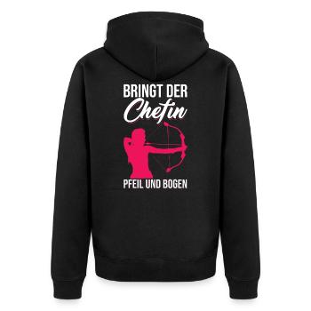 Bringt der Chefin Pfeil und Bogen Bogenschützin - Unisex Premium Bio Zip Hoodie - Schwarz - Hinten - Nico (187cm)