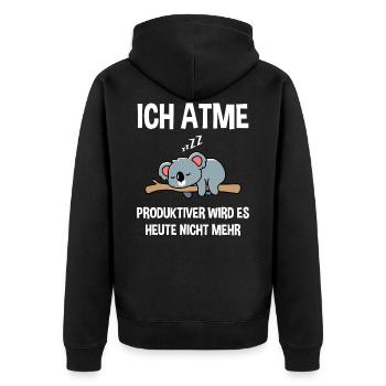 Ich atme produktiver wird es heute nicht mehr Bär - Unisex Premium Bio Zip Hoodie - Schwarz - Hinten - Nico (187cm)