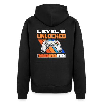 15th Birthday Level 15 Unlocked 15 years old - Unisex Premium Organic Zip Hoodie - black - Back - Nico (187cm)