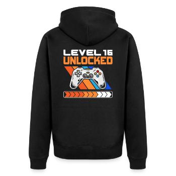16. Geburtstag Level 16 Unlocked 16 Jahre alt - Unisex Premium Bio Zip Hoodie - Schwarz - Hinten - Nico (187cm)