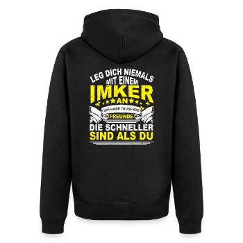 Leg Dich Niemals Mit Imker an Bienen Spruch - Unisex Premium Bio Zip Hoodie - Schwarz - Hinten - Nico (187cm)