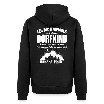 Lege Dich Niemals mit einem Dorfkind an - Unisex Premium Bio Zip Hoodie - Schwarz - Hinten - Nico (187cm)