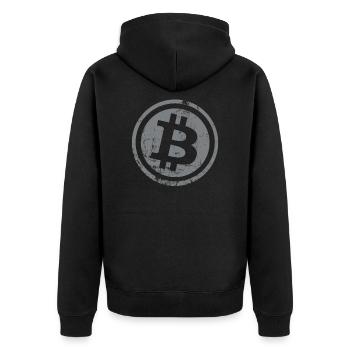 Bitcoin Button Kryptowährungen Bitcoins - Unisex Premium Bio Zip Hoodie - Schwarz - Hinten - Nico (187cm)
