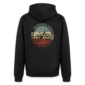 Alten Mann mit einem E-Bike Fahrrad - eBike Spruch - Unisex Premium Bio Zip Hoodie - Schwarz - Hinten - Nico (187cm)