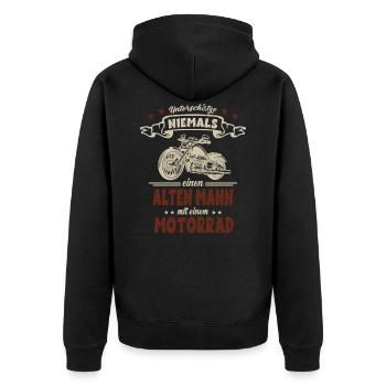 Alten Mann auf einem Motorrad - Opa Motorradfahrer - Unisex Premium Bio Zip Hoodie - Schwarz - Hinten - Nico (187cm)