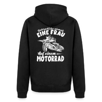 Frau auf einem Motorrad - Bikerin Motorradfahrerin - Unisex Premium Bio Zip Hoodie - Schwarz - Hinten - Nico (187cm)