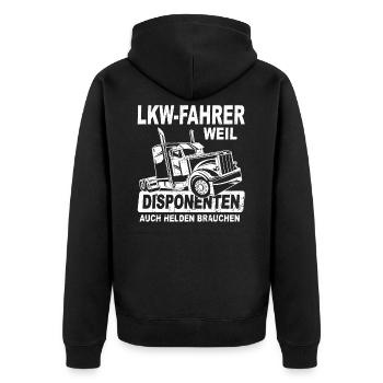 LKW-Fahrer weil Disponenten auch Helden brauchen - Unisex Premium Bio Zip Hoodie - Schwarz - Hinten - Nico (187cm)