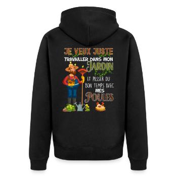 Garten und Hühner.png - Unisex Premium Bio Zip Hoodie - Schwarz - Hinten - Nico (187cm)