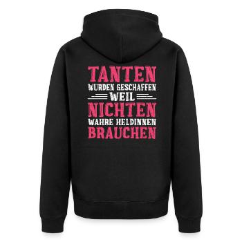 Tante die Heldin - Unisex Premium Bio Zip Hoodie - Schwarz - Hinten - Nico (187cm)