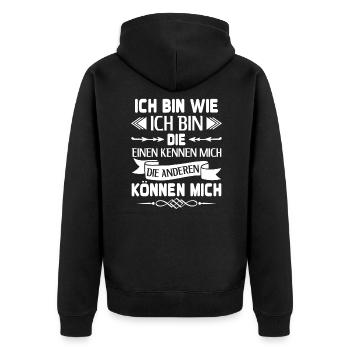 Ich bin wie ich bin die einen kennen mich - Unisex Premium Bio Zip Hoodie - Schwarz - Hinten - Nico (187cm)