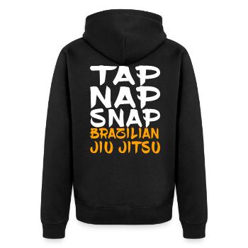 Tap Nap Snap Brazilian Jiu Jitsu - Unisex Premium Bio Zip Hoodie - Schwarz - Hinten - Nico (187cm)