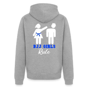 Règle des filles BJJ - Veste à capuche bio Premium Unisexe - gris chiné - Dos - Nico (187cm)