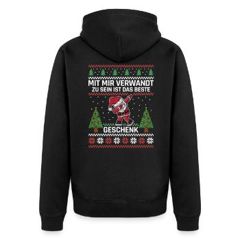 Mit mir verwandt zu sein ist das beste Geschenk - Unisex Premium Bio Zip Hoodie - Schwarz - Hinten - Nico (187cm)