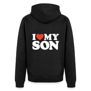 I love my son Herz Shirt - Unisex Premium Bio Zip Hoodie - Schwarz - Hinten - Nico (187cm)