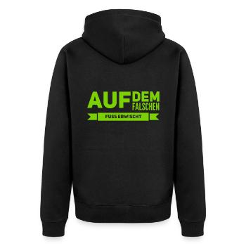 auf dem falschen Fuß erwischt - Unisex Premium Bio Zip Hoodie - Schwarz - Hinten - Nico (187cm)