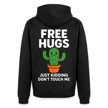 Kostenlose Umarmungen Nur ein Scherz Fass mich nicht an - Unisex Premium Bio Zip Hoodie - Schwarz - Hinten - Nico (187cm)
