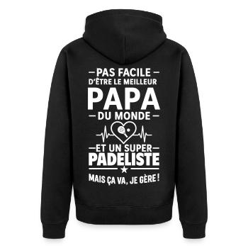 Herz + Padel – Super Dad Padel Spieler - Unisex Premium Bio Zip Hoodie - Schwarz - Hinten - Nico (187cm)